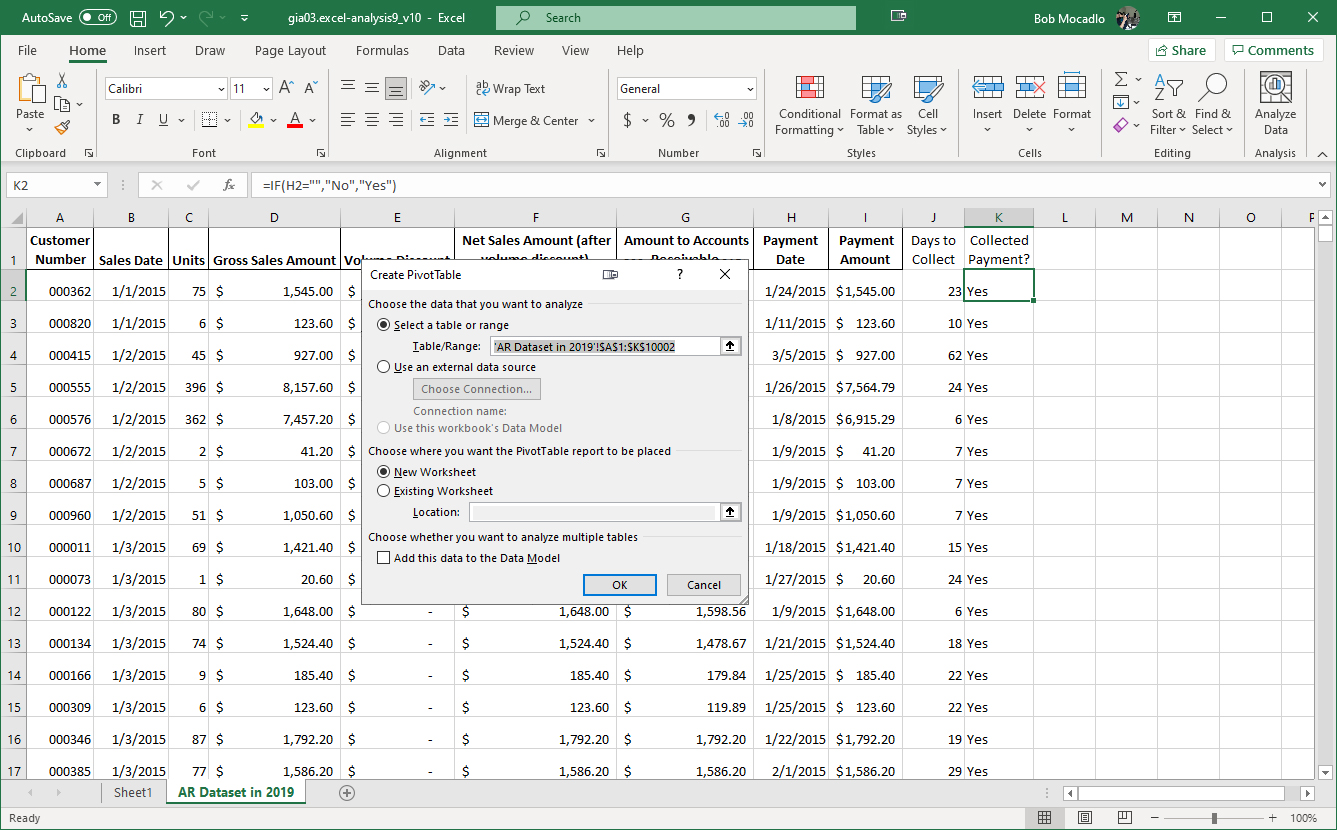 Screenshot of spreadsheet that shows the Create PivotTable pop-up box.