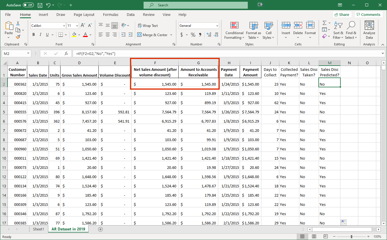 Screenshot of spreadsheet that show cells F2 and G2 for comparison.