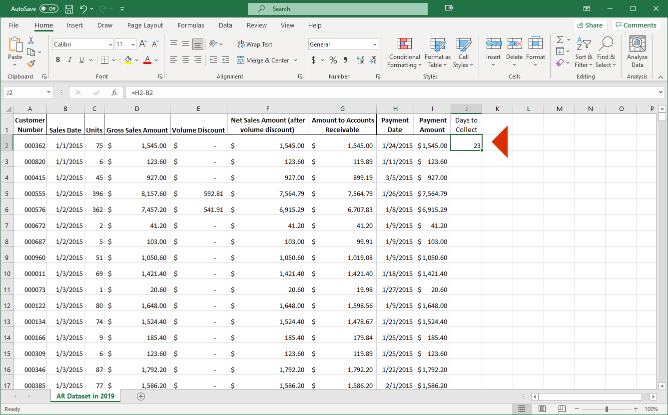 Screenshot showing 23 days to collect in the spreadsheet.