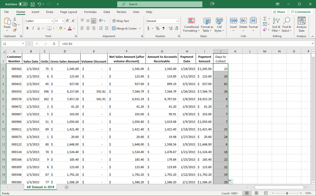 Screenshot showing highlighted column labeled “Days to Collect” in the spreadsheet.