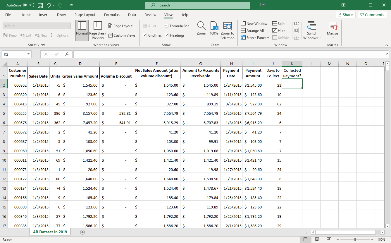 Sreenshot showing column for “Days to Collect” added in the spreadsheet.