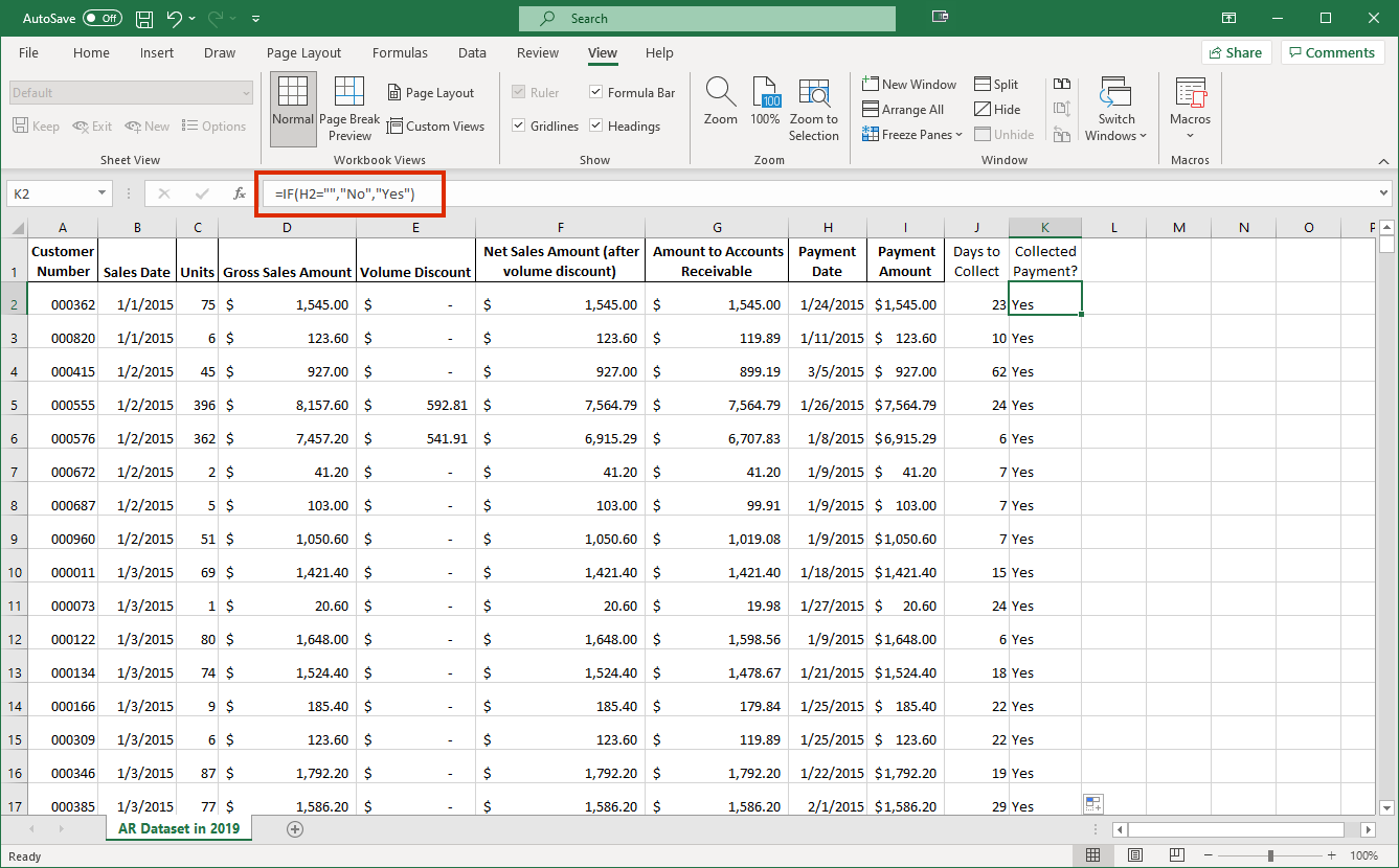 Screenshot of spreadsheet that shows the IF formula in Excel to show whether a certain condition is satisfied. 